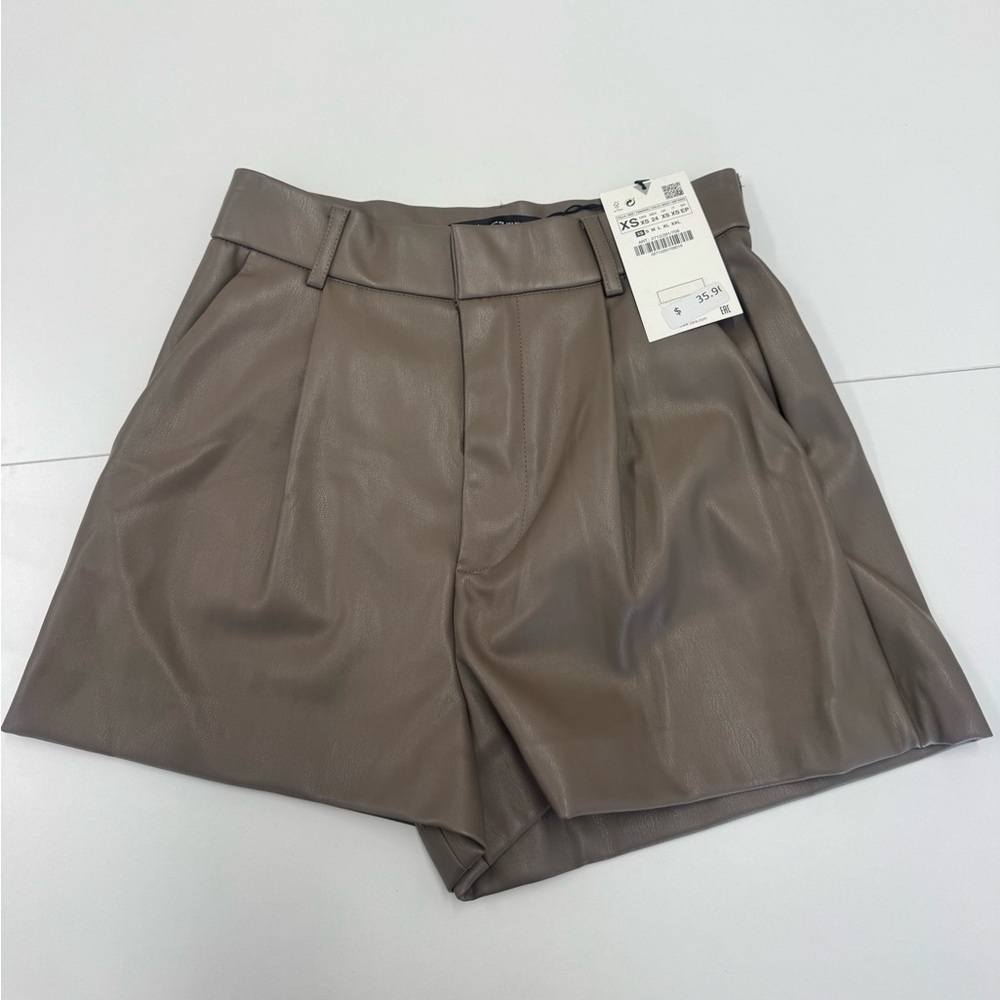 Zara Taupe Faux Leather High-Waist Pleated Shorts | NWT